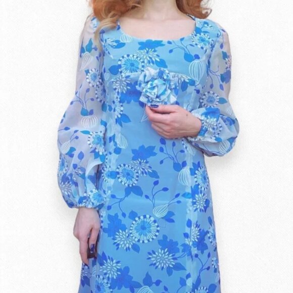 Vintage Rare Prom 70s Handmade Floral Maxi Dress Sky Baby Blue Babydoll Sheer Xs - Picture 3 of 9